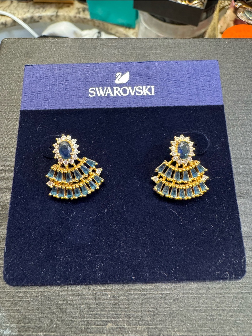 Swarovski Gold-Tone Fan Earrings with Deep Blue Crystals